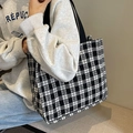Fashionable black and white checkered tote bag with woven texture for women - Black Large