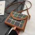Bolso bandolera de estilo británico retro con lana de cuadros verdes y cuero marrón - Verde
