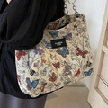 Vintage jacquard tote bag with colorful butterfly patterns and silver chain straps - Off White