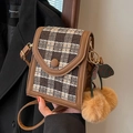 Brown plaid crossbody phone bag with cherry plush charm and stylish leather flap - Brown With Khaki Cherry Charm