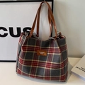 Retro plaid tote bag with red and grey checkered fabric and brown faux leather handles - Black