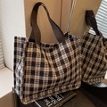 Classic brown and beige checkered tote bag with dark brown webbing handles for women - Coffee Large