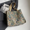 Large capacity vintage floral tapestry tote bag with khaki handles for women - Blue Large