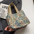 Large capacity vintage floral tote bag with jacquard fabric and brown woven handles - Blue Small