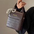 Brown faux crocodile leather handbag with elegant pearl chain and top handle - With Heart Pearl Pendant / Coffee