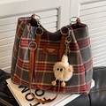 Women's plaid tote bag in grey and red with leather handles and cute plush charm - Red With Khaki Elf Pendant