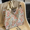 Large floral canvas tote bag with pink and blue flower jacquard for daily commute - Pink Large