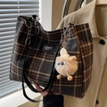 Brown plaid tote bag with metal chain strap and plush pendant for daily commute - Black With Khaki Elf Pendant