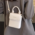 White faux leather mini square bag with crocodile texture and top handle for women - No Pendant / Off White