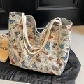 Große cremeweiße Canvas-Tragetasche mit buntem Schmetterling-Jacquardmuster und Baumwollgriffen - Bunter Schmetterling Jacquard (Weiß) / Weiß