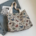 Borsa tote in tela con ricamo farfalla colorata e manici bianchi per uso quotidiano - Grande / Bianco Sporco