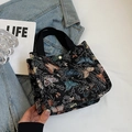 Mini borsa tote in jacquard nero con motivi di farfalle colorate e chiusura a scatto - Piccolo / Nero
