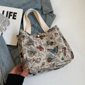 Mini borsa tote in tela color crema con ricamo floreale, farfalle e manici larghi - Piccolo / Bianco Sporco