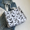 White canvas tote bag with black butterfly prints and double fabric handles - Large Rice White