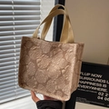 Grand sac cabas beige avec texture jacquard rose 3D et poignées en coton tissé - Petit / Kaki