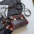 Vintage brown leather and plaid messenger bag with top handle and plush hedgehog charm - Small Red With Brown Pendant