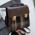 Vintage brown leather plaid backpack with gold snap buttons and top handle - Large Black No Charm