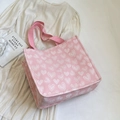 Pink canvas tote bag with white heart pattern for school and daily commuting - Large Pink