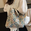 Large capacity floral canvas tote bag with jacquard fabric and wide shoulder strap - Blue Large