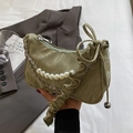Chic bean green pleated shoulder bag with pearl chain and metallic sphere detail - Green