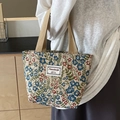Floral jacquard canvas tote bag with vintage flower patterns and khaki handles - Blue Small