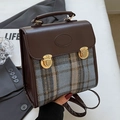 Vintage dark brown leather and grey plaid backpack with gold buckles and top handle - Large Blue No Charm