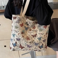 Canvas tote bag with colorful butterfly embroidery and beige shoulder strap - Large Cream (With Lining With Zipper No Inner Pocket)
