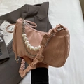 Chic pink pleated handbag with white faux pearl and silver metal chain strap - Pink