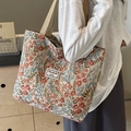 Vintage floral jacquard canvas tote bag with brown straps and logo patch detail - Pink Large