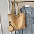 Khaki canvas tote bag with round coin purse and embroidered letters for women - Khaki