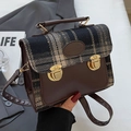 Vintage British style plaid backpack in brown leather and checkered fabric finish - Small Black No Charm