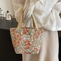 Retro red and blue floral canvas tote bag with Nanxiaojie label and cream handles - Pink Small