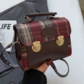 Retro plaid and brown leather dual-use handbag with adjustable strap and metal buckles - Small Red No Pendant