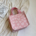 Pink canvas tote bag with white heart jacquard pattern and reinforced handles - Small Pink