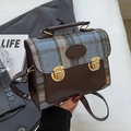 Retro British style plaid messenger bag with brown leather trim and metal buckles - Small Blue No Pendant
