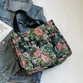 Ethnic style floral jacquard tote bag with dark green rose pattern and black handles - Large / L Black