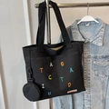 Black canvas tote bag with colorful embroidery and matching small round coin purse - Black