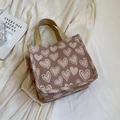 Brown canvas tote bag with heart patterns and thick cream woven handles for women - Small Dark Khaki