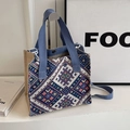 Ethnic style woven crossbody bag with blue handles and colorful geometric patterns - Blue Webbing Style