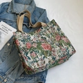 Ethnic large capacity tote bag with red floral jacquard and canvas handles for women - Large / L Green