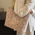 Pink rose jacquard canvas tote bag with textured floral patterns and woven straps - Large Khaki (Lined/Zipper/No Inner Pocket)