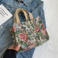 Ethnic style floral tapestry tote bag with red rose pattern and durable woven handles - Small / Small Green