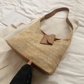 Grand sac cabas beige tissé main avec lanières en cuir marron et mini pochette - Marron