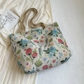 Large capacity tote bag featuring retro floral jacquard pattern and canvas handles - Large / Pink