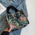 Ethnic style floral jacquard tote bag with black strap in vintage flower pattern - Small / Small Black