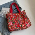 Ethnic style floral tote bag in red canvas with traditional peony flower patterns - Red Large