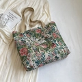 Sac cabas vintage en toile jacquard à fleurs rouges avec des poignées en kaki tissé - Grand / Doublé Avec Fermeture Éclair Sans Poche Intérieure / Vert