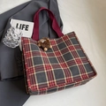 Plaid canvas tote bag in red and grey with a cute brown plush monster charm - Large / With Brown Monster Charm / Red