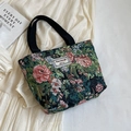Sac fourre-tout en tricot jacquard à motifs floraux rouge et vert et anses noires - Petit / Doublé Sans Fermeture Éclair Avec Poche Intérieure / Noir