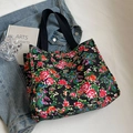 Ethnic style floral canvas tote bag in vintage red and green pattern with black handles - Black Large